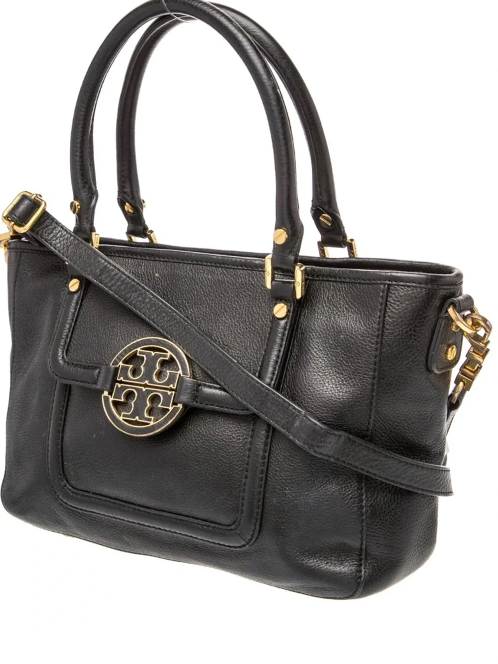 Tory Burch Amanda Black Leather Satchel/ Crossbody Gold Tone Double T Logo